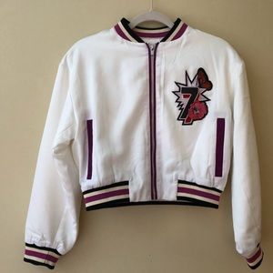 White Poly Bomber Web Patch and Peacock Detail